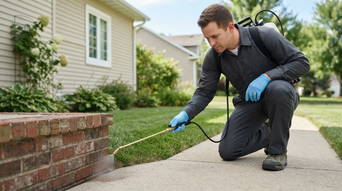 Pest control technician treating a home near Egeland, ND